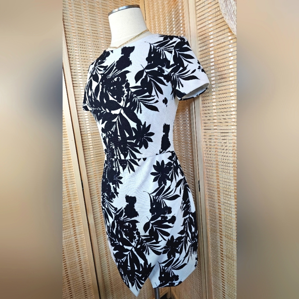 Graphic Botanical Print Bodycon Dress w/ Wrap-Effect Tulipskirt, Black & White
